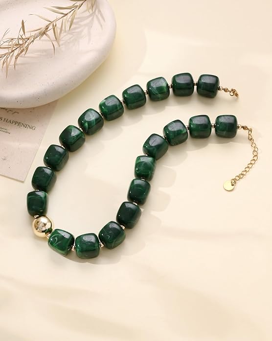 Dark Green Chunky Beaded Statement Necklace