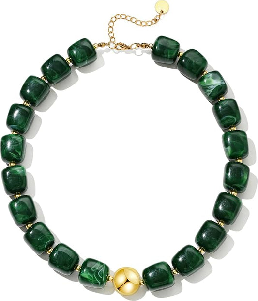 Dark Green Chunky Beaded Statement Necklace