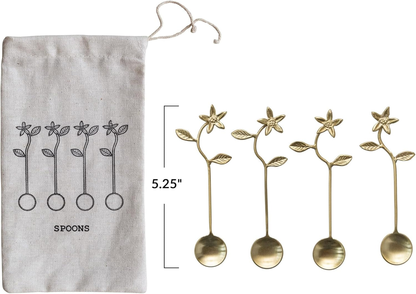 Condiment Spoons w/ Flower Handles & Gold Finish in Drawstring Bag (Set of 4)