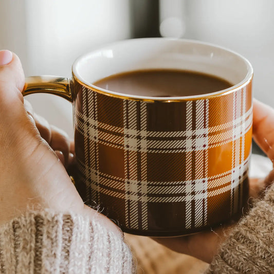Brown Plaid Coffee Mug w/ Gold Handle 14 oz