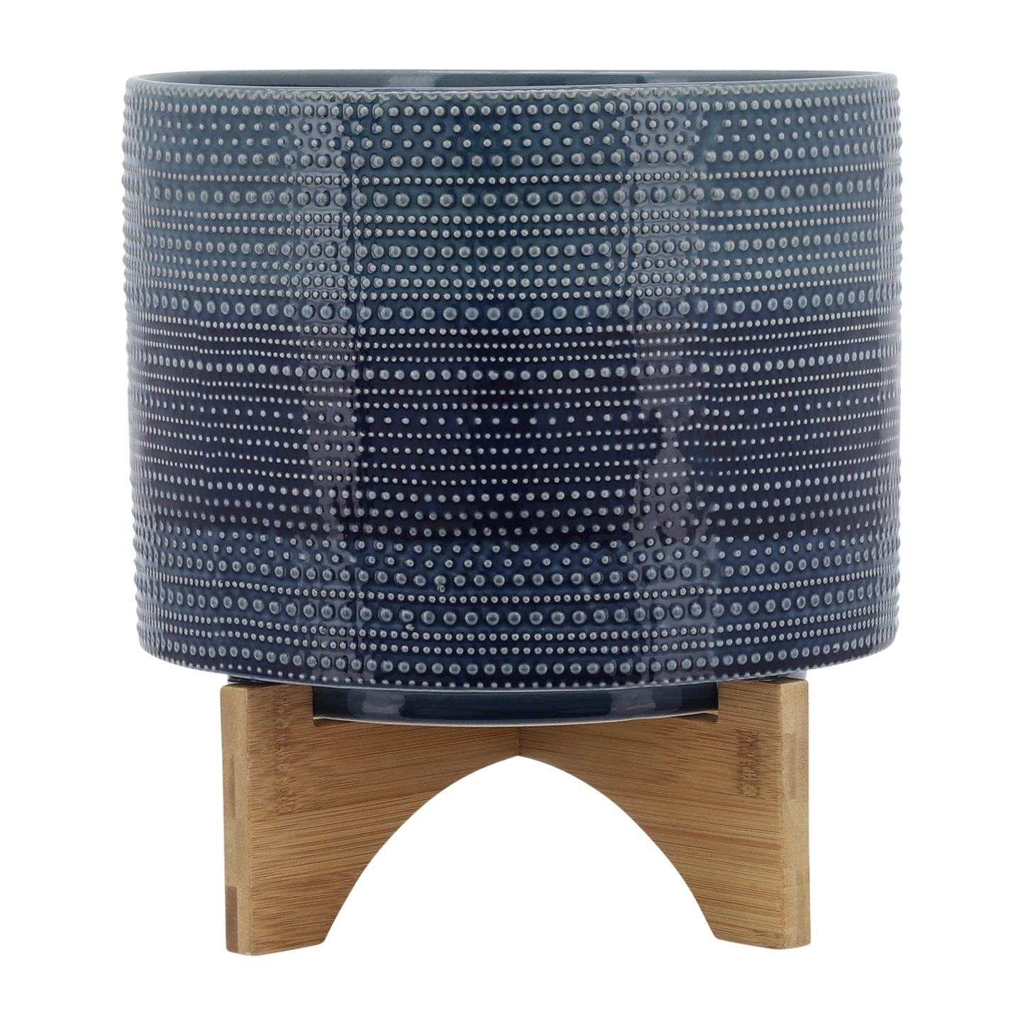 Blue & White Ceramic Planter w/ Wooden Stand