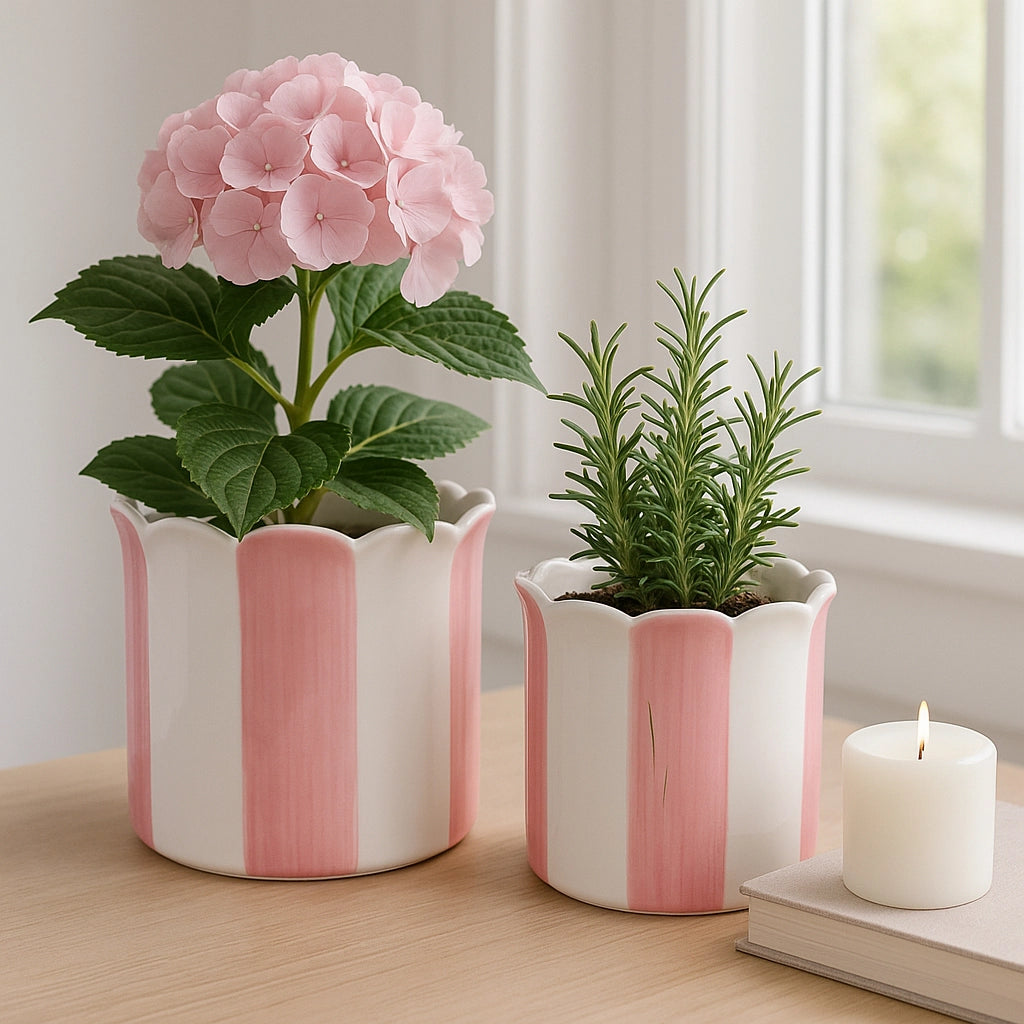 Pink & White Striped Planters w/ Scalloped Rim (2 Sizes)