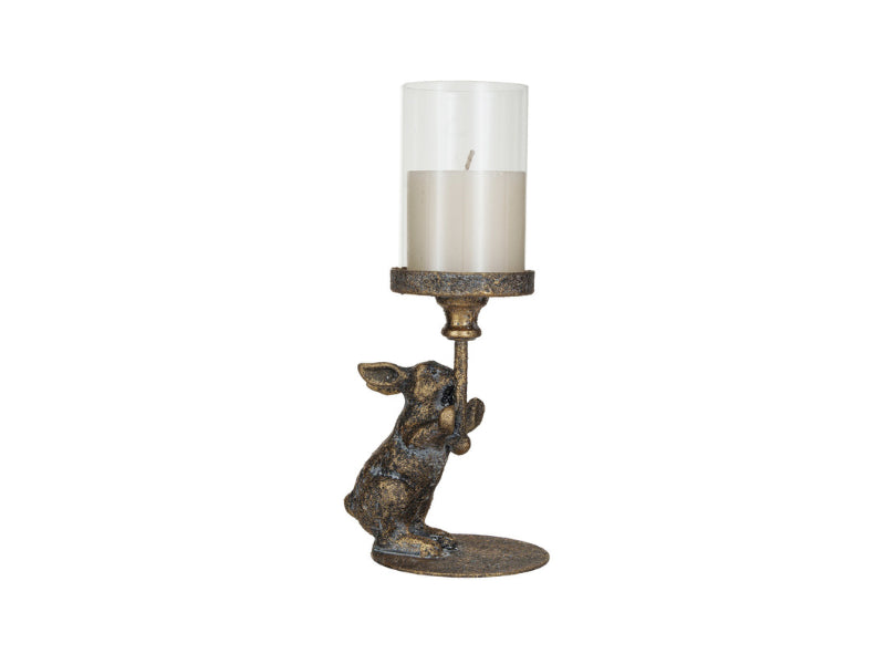 Metal Rabbit Candle Holder w/ Glass Hurricane