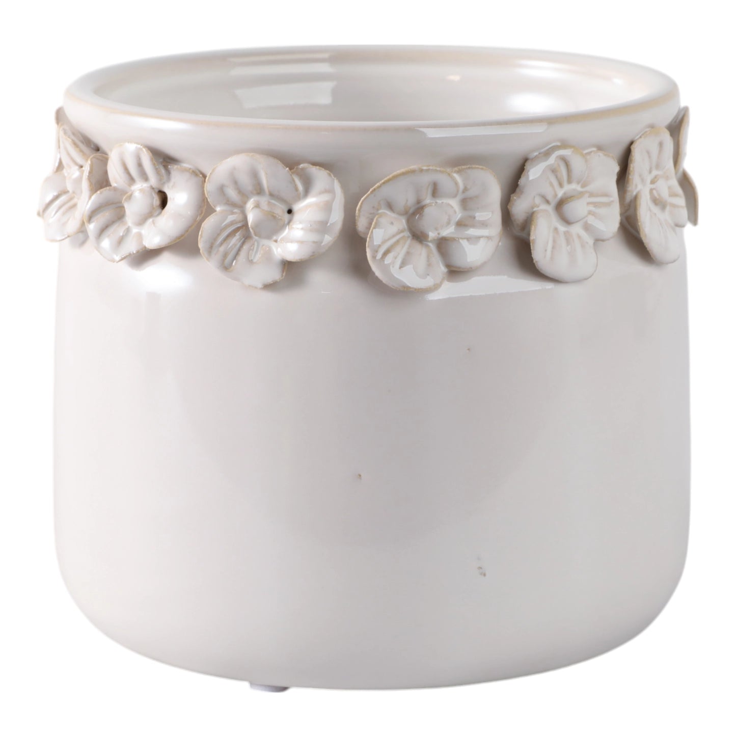 Ivory Ceramic Planter Pot w/ Sculpted Floral Rim
