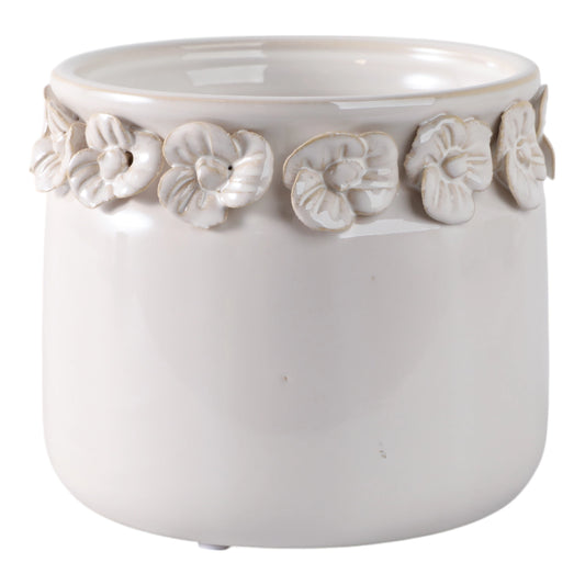 Ivory Ceramic Planter Pot w/ Sculpted Floral Rim