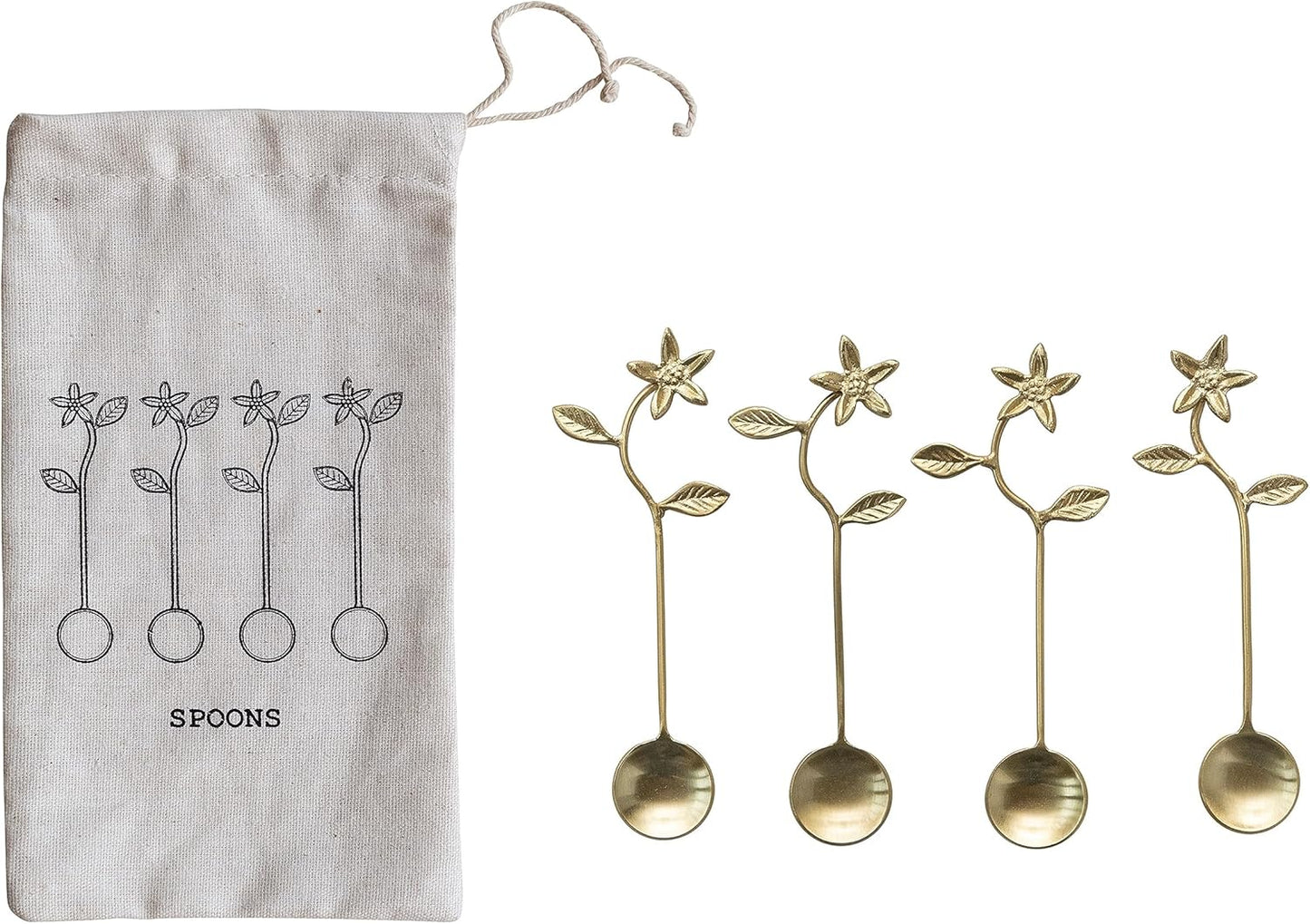 Condiment Spoons w/ Flower Handles & Gold Finish in Drawstring Bag (Set of 4)