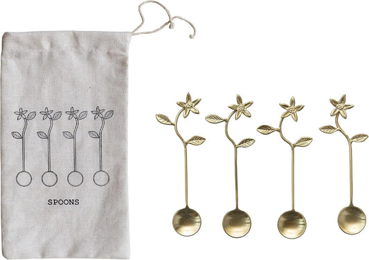 Condiment Spoons w/ Flower Handles & Gold Finish in Drawstring Bag (Set of 4)