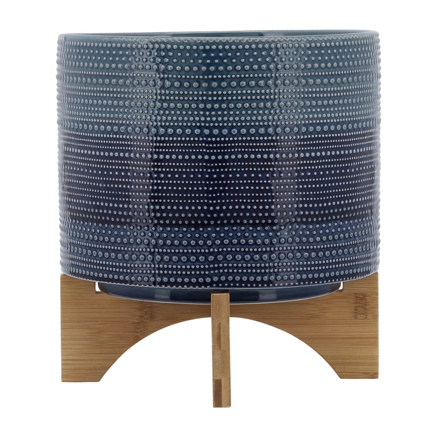 Blue & White Ceramic Planter w/ Wooden Stand