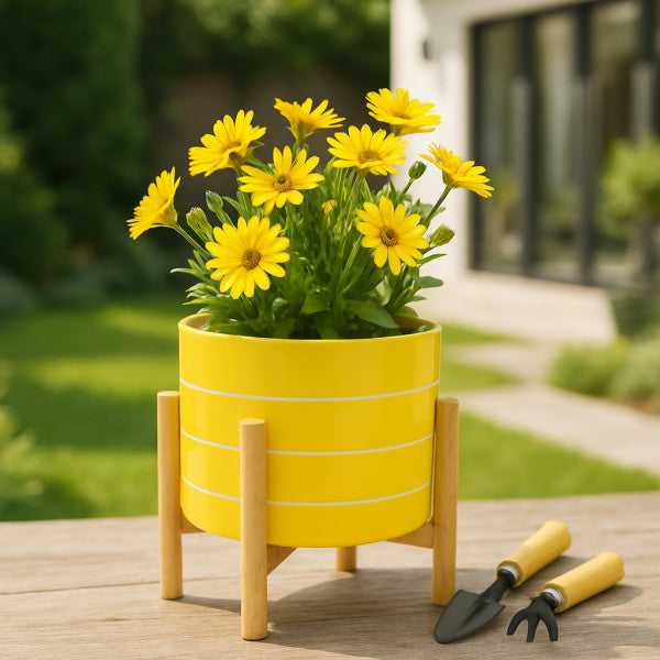 8" Yellow Striped Planter w/ Wooden Stand