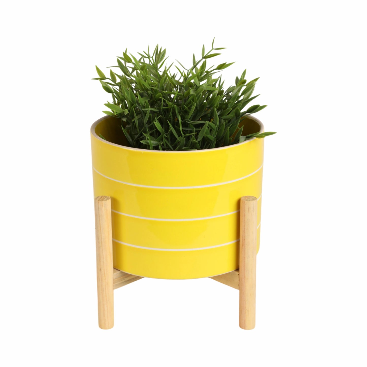 8" Yellow Striped Planter w/ Wooden Stand