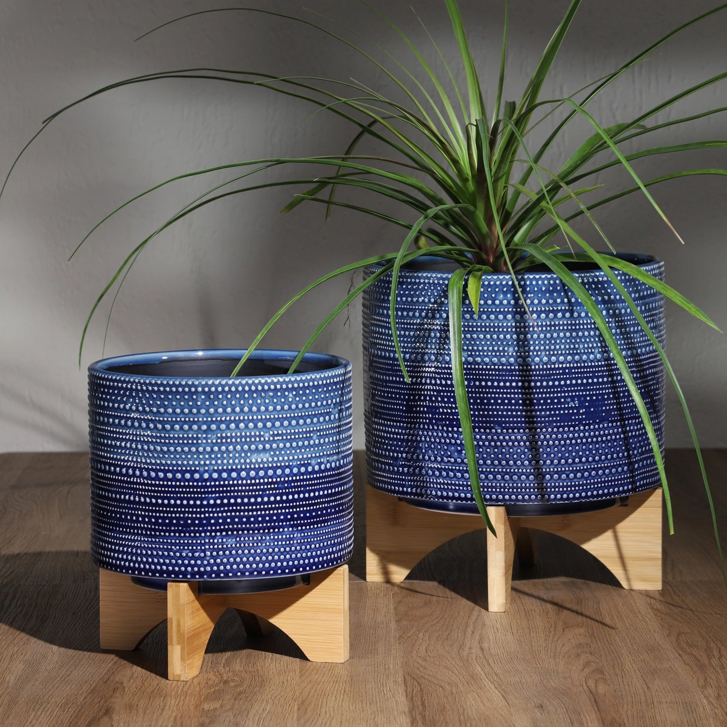 Blue & White Ceramic Planter w/ Wooden Stand
