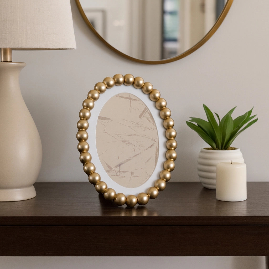Oval Beaded Photo Frame w/ Matte Gold Finish