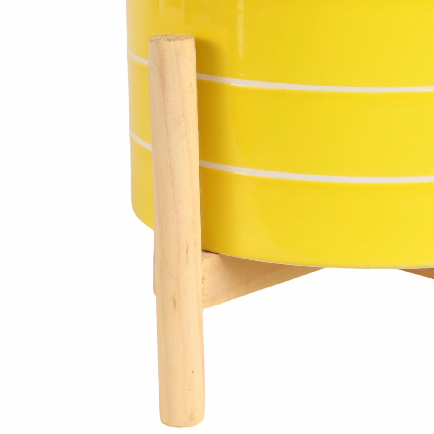 8" Yellow Striped Planter w/ Wooden Stand