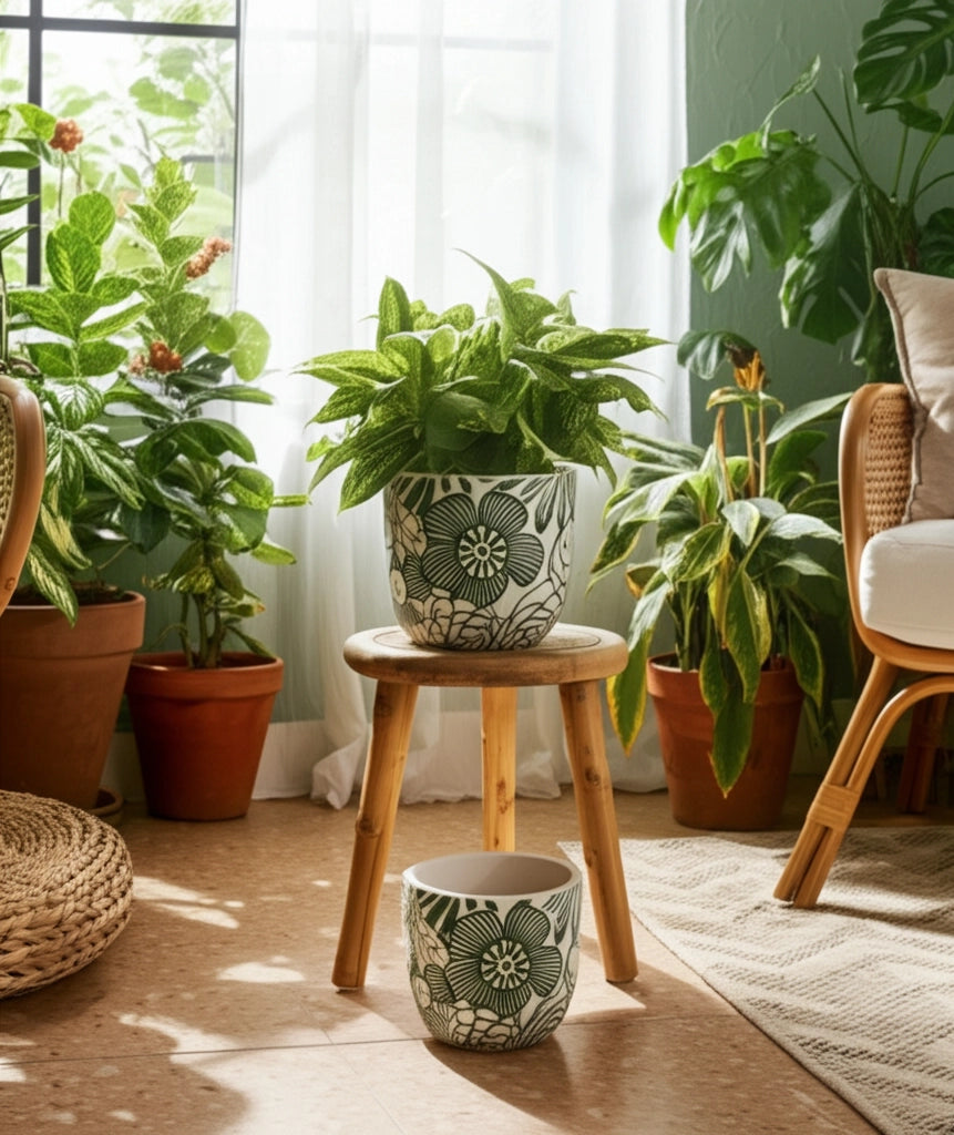 White & Green Ceramic Floral Planter Pot (2 Sizes)