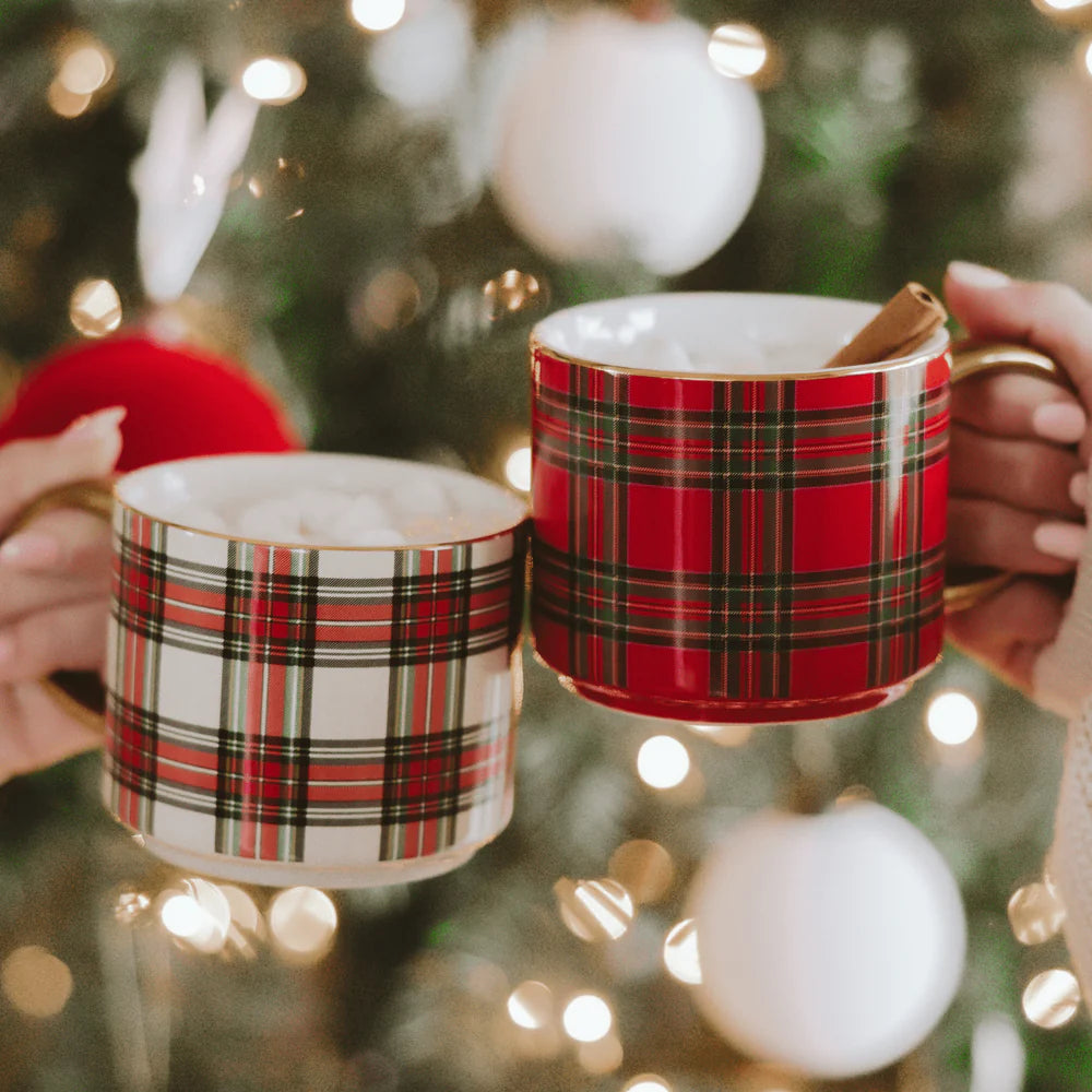 Red Plaid Coffee Mug w/ Gold Handle 14 oz