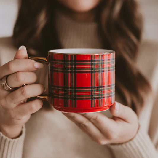 Red Plaid Coffee Mug w/ Gold Handle 14 oz