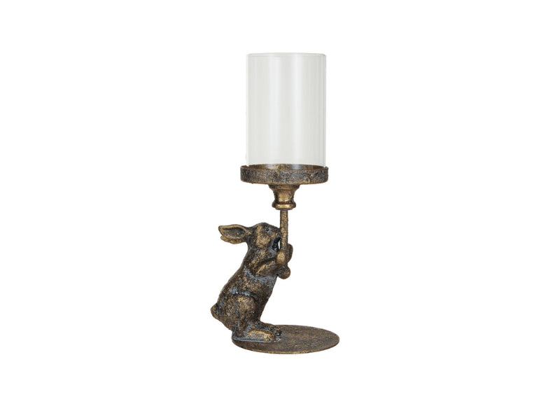 Metal Rabbit Candle Holder w/ Glass Hurricane