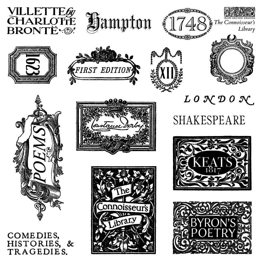 The Connoisseur's Library Labels 6x6 IOD Decor Stamp by Iron Orchid Designs - NEW!