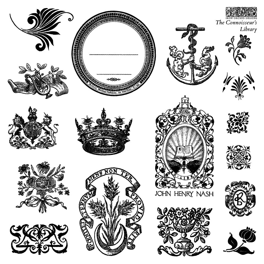 The Connoisseur's Library Labels 6x6 IOD Decor Stamp by Iron Orchid Designs - NEW!