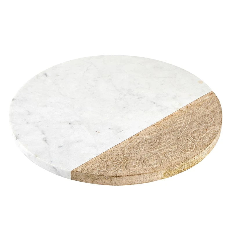 Marble & Carved Mango Wood Round Serving Board