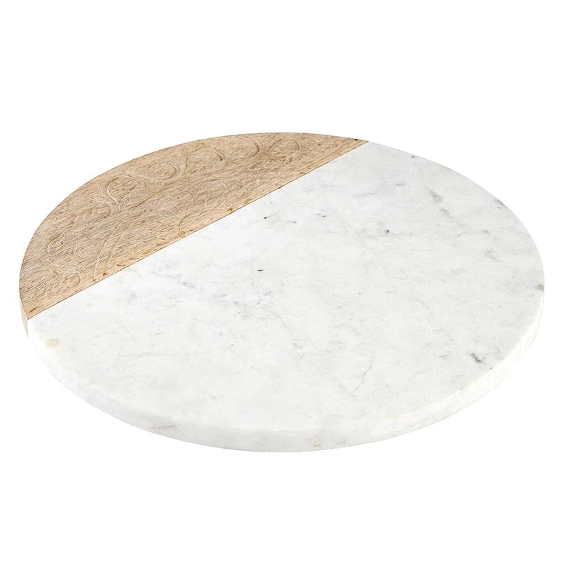 Marble & Carved Mango Wood Round Serving Board