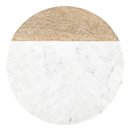 Marble & Carved Mango Wood Round Serving Board
