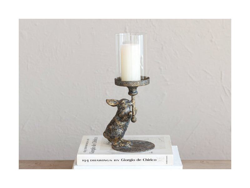Metal Rabbit Candle Holder w/ Glass Hurricane