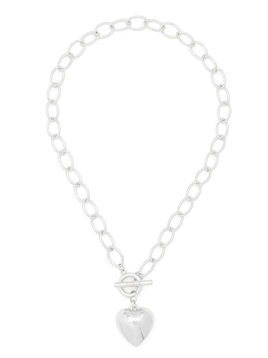 Puffed Heart Oval Links Collar Necklace - Silver