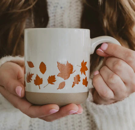 Cream Stoneware Coffee Mug w/ Orange Leaves 14 oz