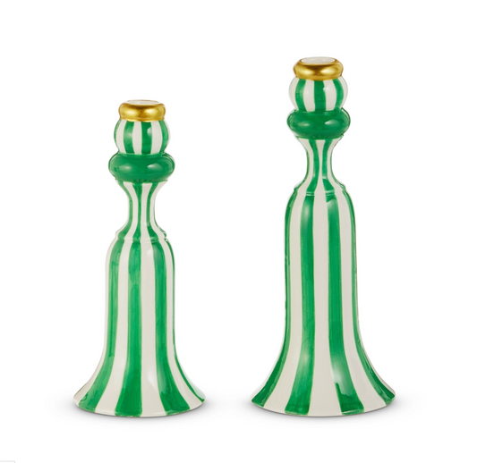 10" Green Stripe Candlesticks (Set of 2)