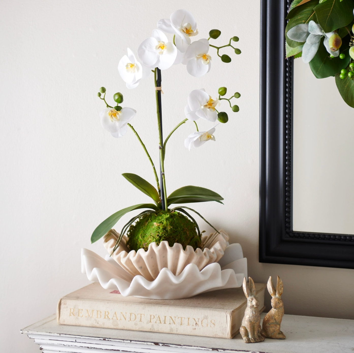 23.75" Real Touch White Orchid with Moss Ball