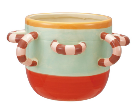 Hand-Painted Stoneware Planter w/ Striped 3D Loops
