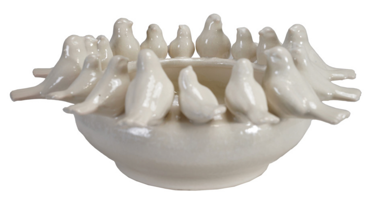 Decorative Stoneware Bowl/Planter w/ 3D Birds on Rim, White