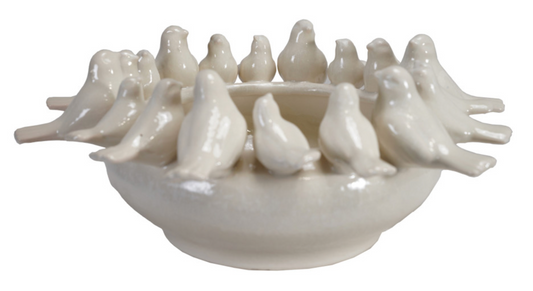 Decorative Stoneware Bowl/Planter w/ 3D Birds on Rim, White