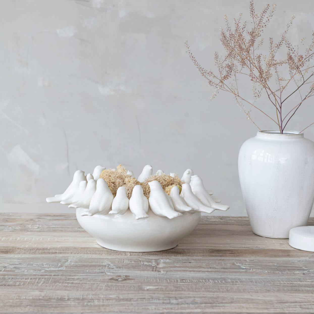 Decorative Stoneware Bowl/Planter w/ 3D Birds on Rim, White
