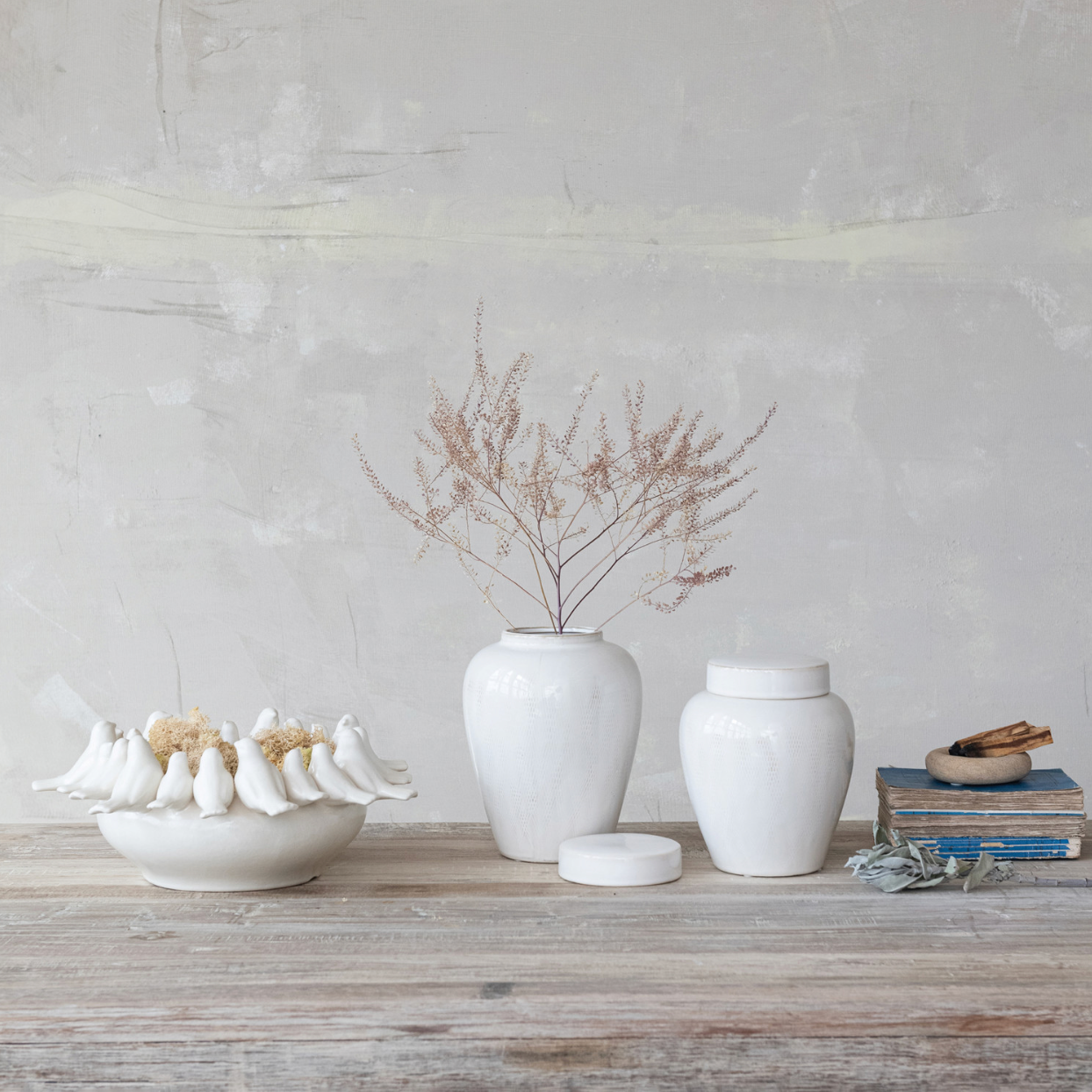 Decorative Stoneware Bowl/Planter w/ 3D Birds on Rim, White