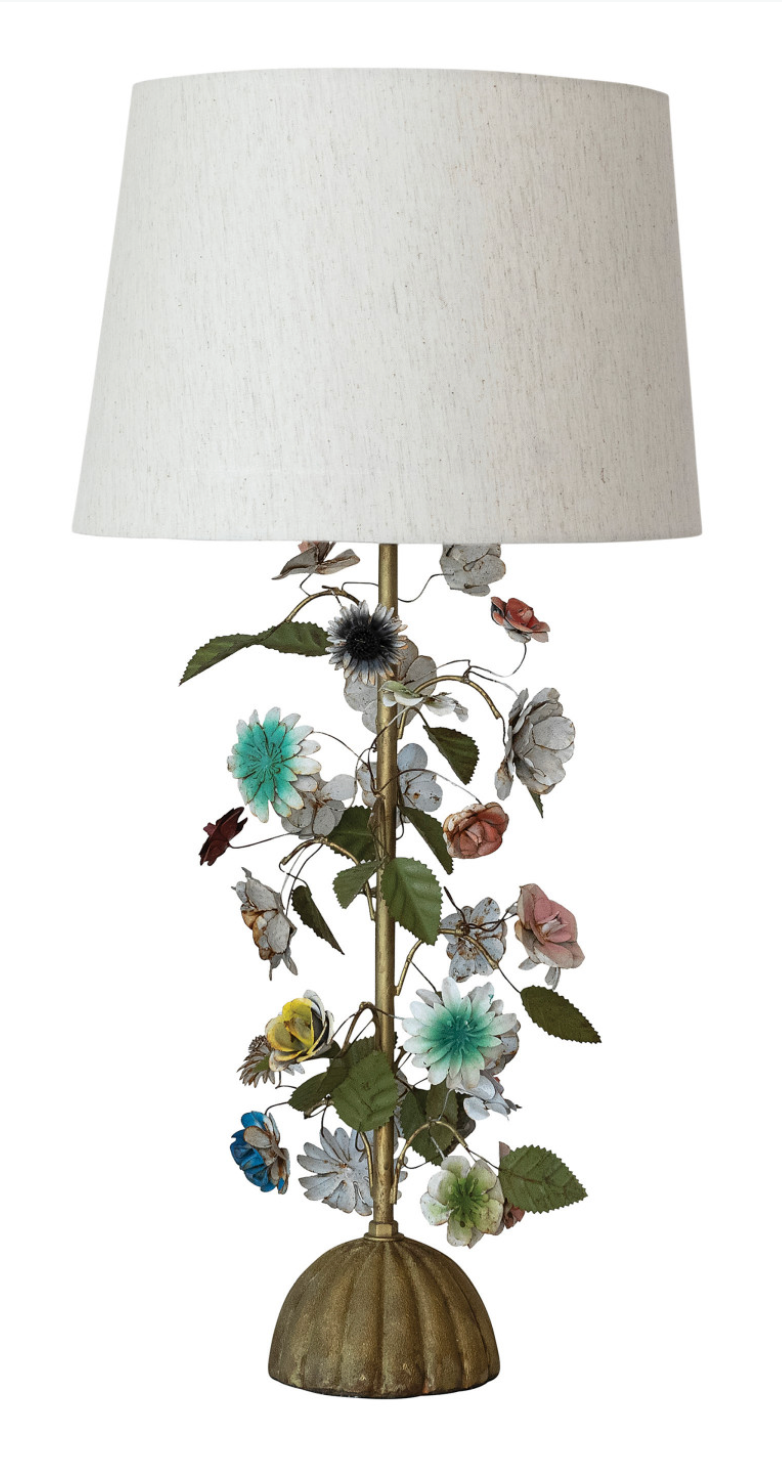 Metal Vintage Reproduction Toleware Flowers Table Lamp w/ Linen Shade & Inline Switch