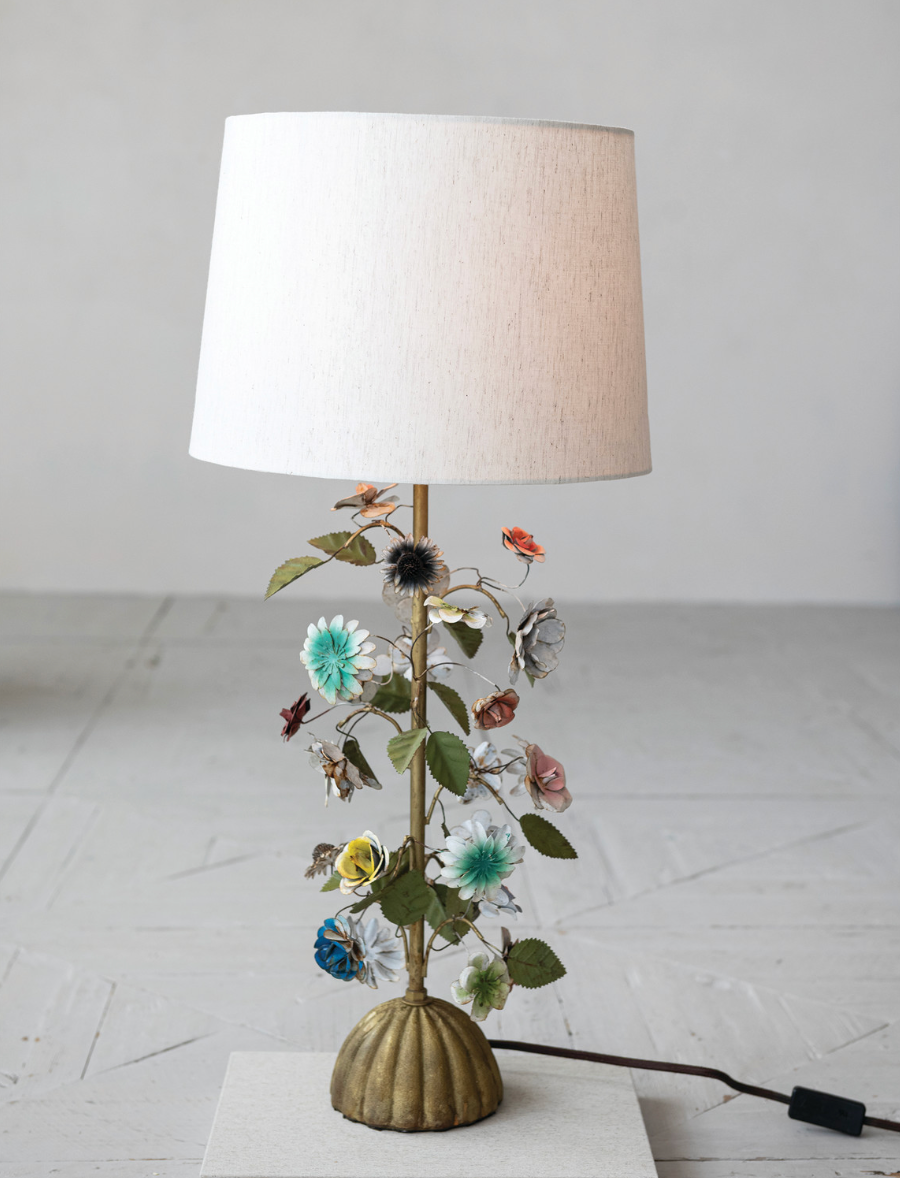 Metal Vintage Reproduction Toleware Flowers Table Lamp w/ Linen Shade & Inline Switch