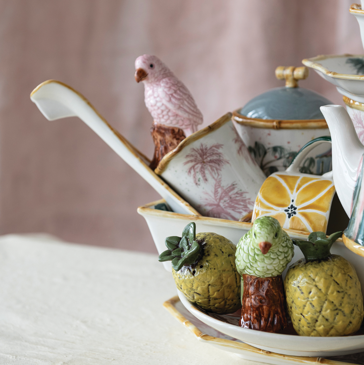 Hand-Painted Stoneware Parrot Shaped Salt & Pepper Shakers (Set of 2)