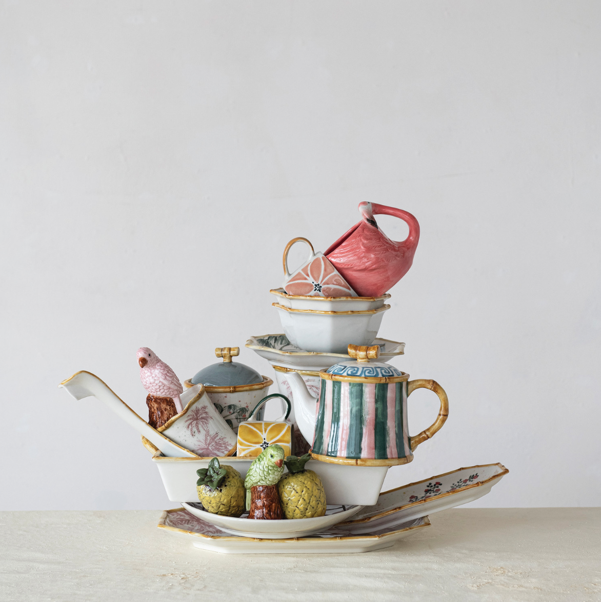 Hand-Painted Stoneware Striped Teapot w/ Pattern & Bamboo Style Edges