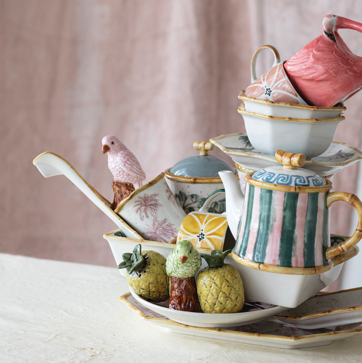 Hand-Painted Stoneware Striped Teapot w/ Pattern & Bamboo Style Edges