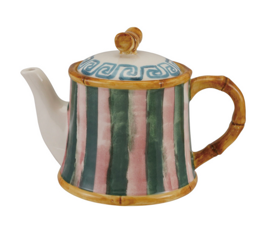 Hand-Painted Stoneware Striped Teapot w/ Pattern & Bamboo Style Edges
