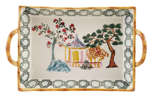 2 Quart Hand-Painted Stoneware Baker w/ House, Trees, Bamboo Style Edge & Handles