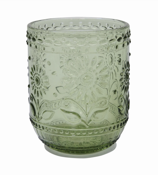 Green Glass Embossed Votive Holder