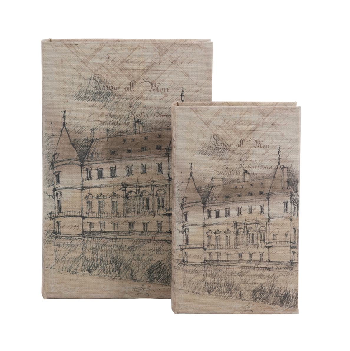 Decorative Book Boxes w/ Architectural Sketch Motifs (Set of 2)