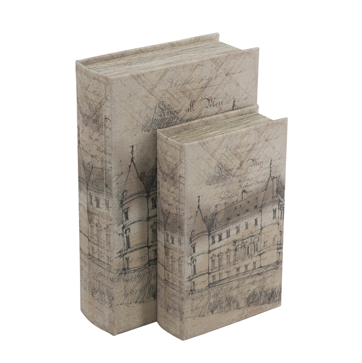 Decorative Book Boxes w/ Architectural Sketch Motifs (Set of 2)