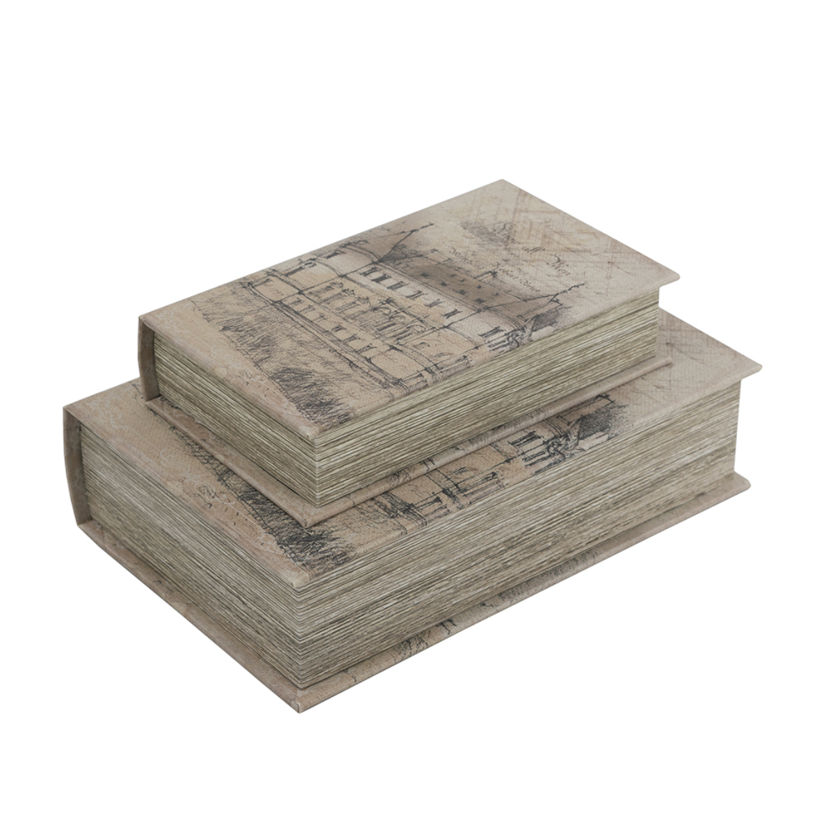 Decorative Book Boxes w/ Architectural Sketch Motifs (Set of 2)