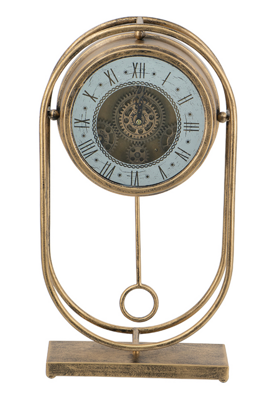 Vintage-Inspired Gold Table Gear Clock on Rectangle Stand
