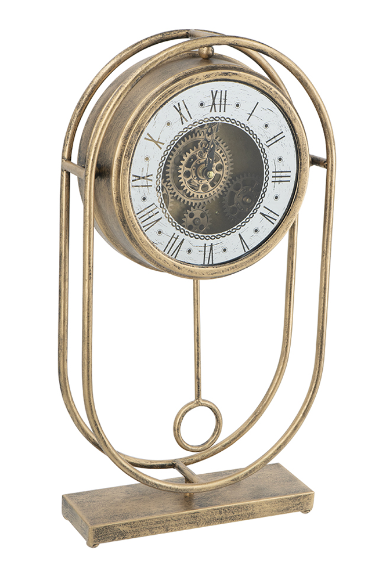 Vintage-Inspired Gold Table Gear Clock on Rectangle Stand