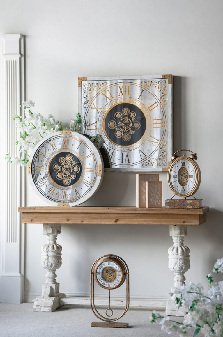Vintage-Inspired Gold Table Gear Clock on Rectangle Stand